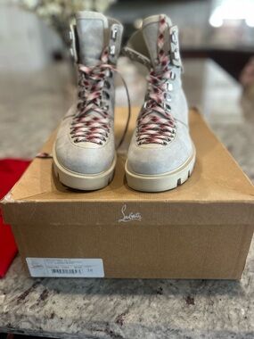 Christian Louboutin Light Gray Suede Lace-Up Boots with Patterned Laces